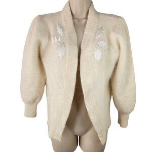 Positive Image 80s Off White Angora Open Cardigan Womens S/M Pearl Beading Retro